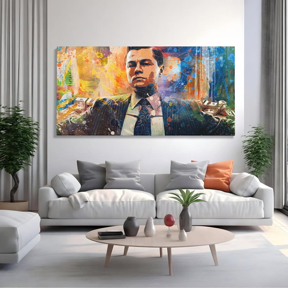 Tablou canvas cu tablou canvas cu leonardo dicaprio si bani, fara rama, pe sasiu de lemn, pe perete intr-un living